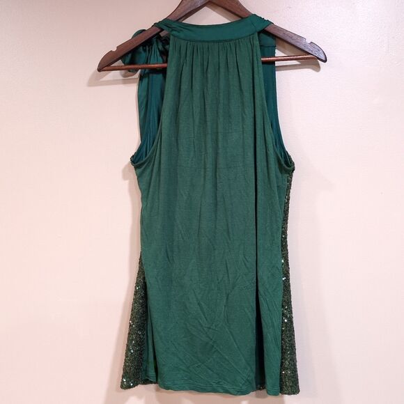 Jennifer Lopez Women L Sequin Cowl Neck Drape Top Shoulder Bow Tie Emerald Green - Picture 4 of 10